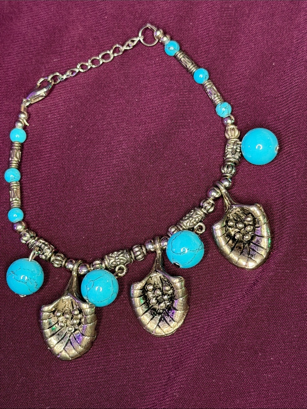 Turquoise Bead and Silver Shell Charm Bracelet - Women Jewelry